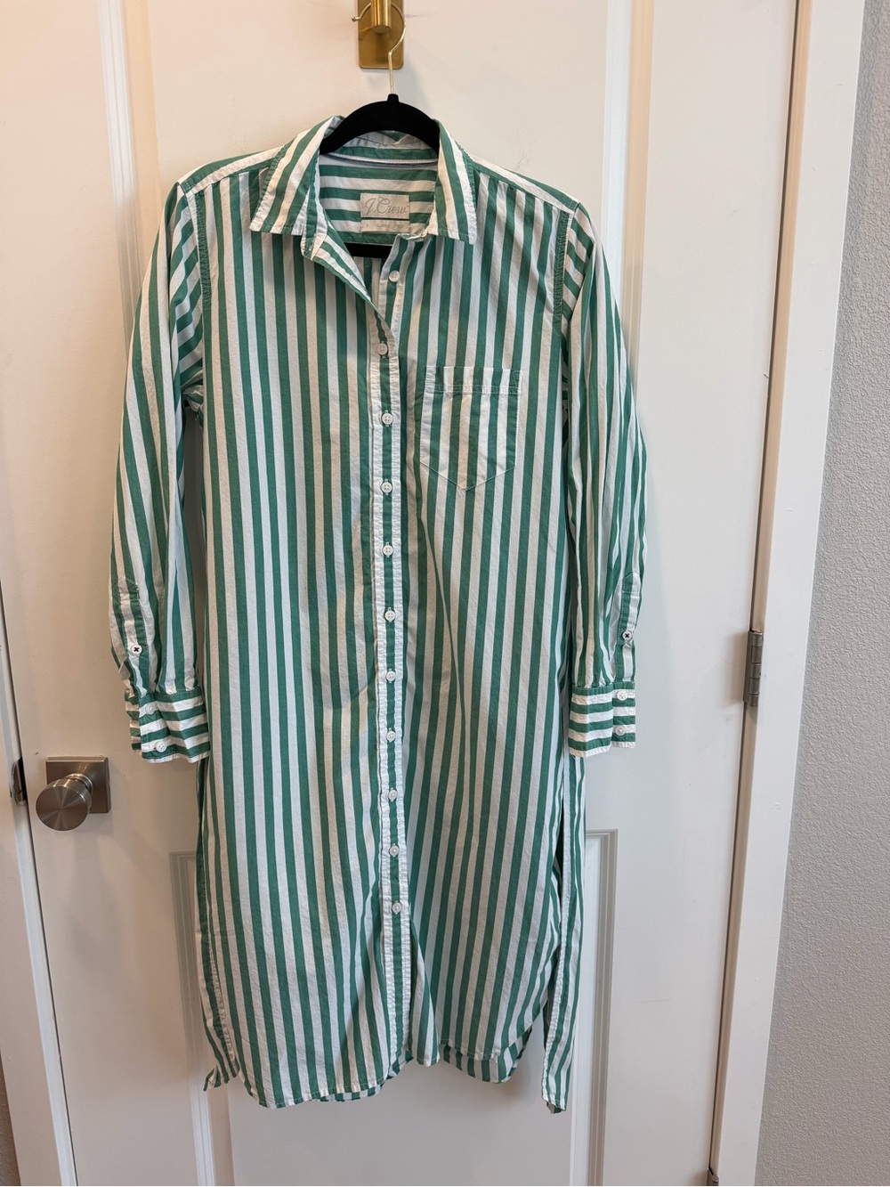 J.Crew Classic Crisp Cotton Poplin Shirt Dress Green White Stripe Size 8 - Picture 2 of 8
